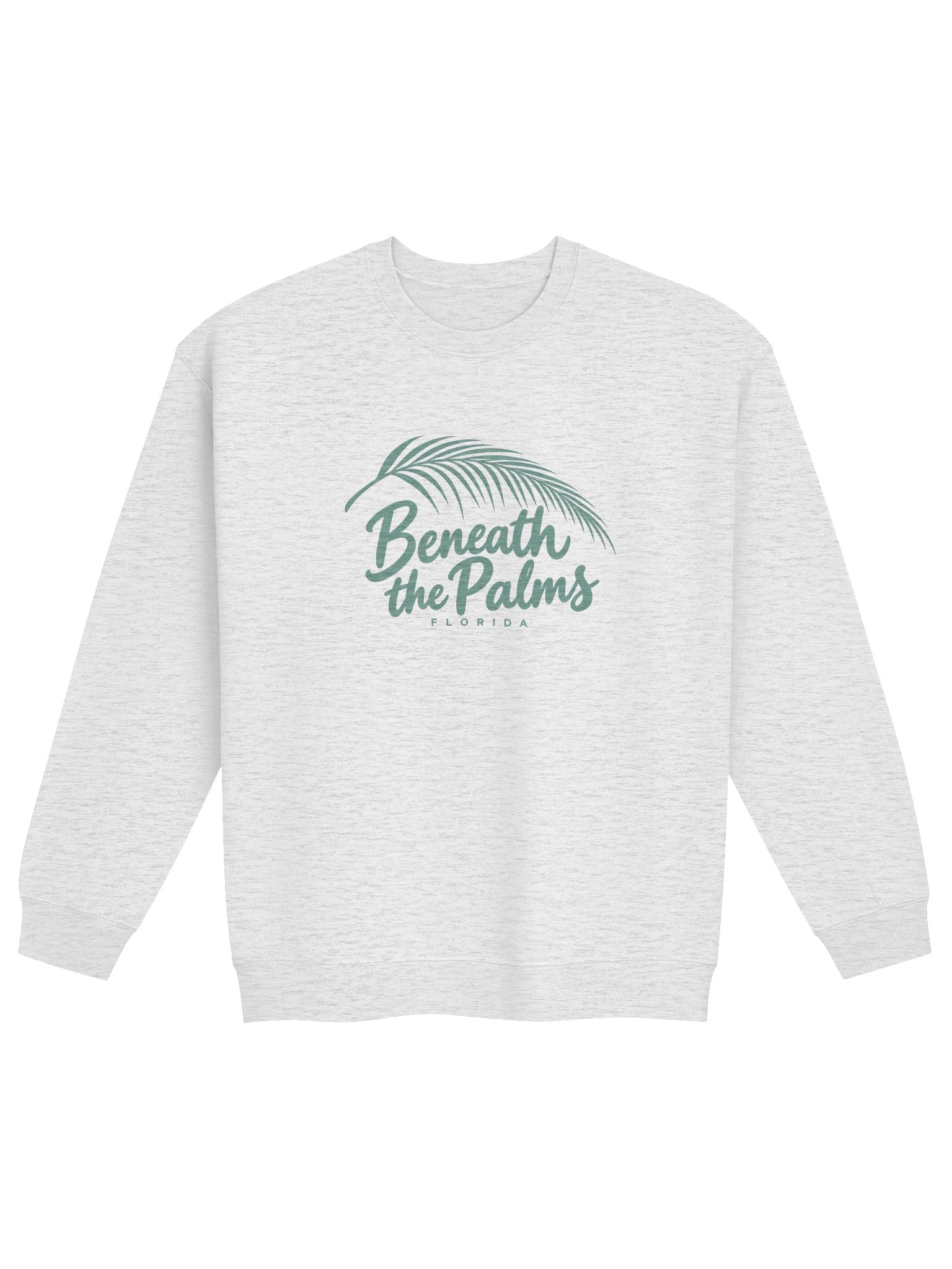 Ash crewneck sweatshirt with the sea-glass Beneath the Palms palm-frond logo